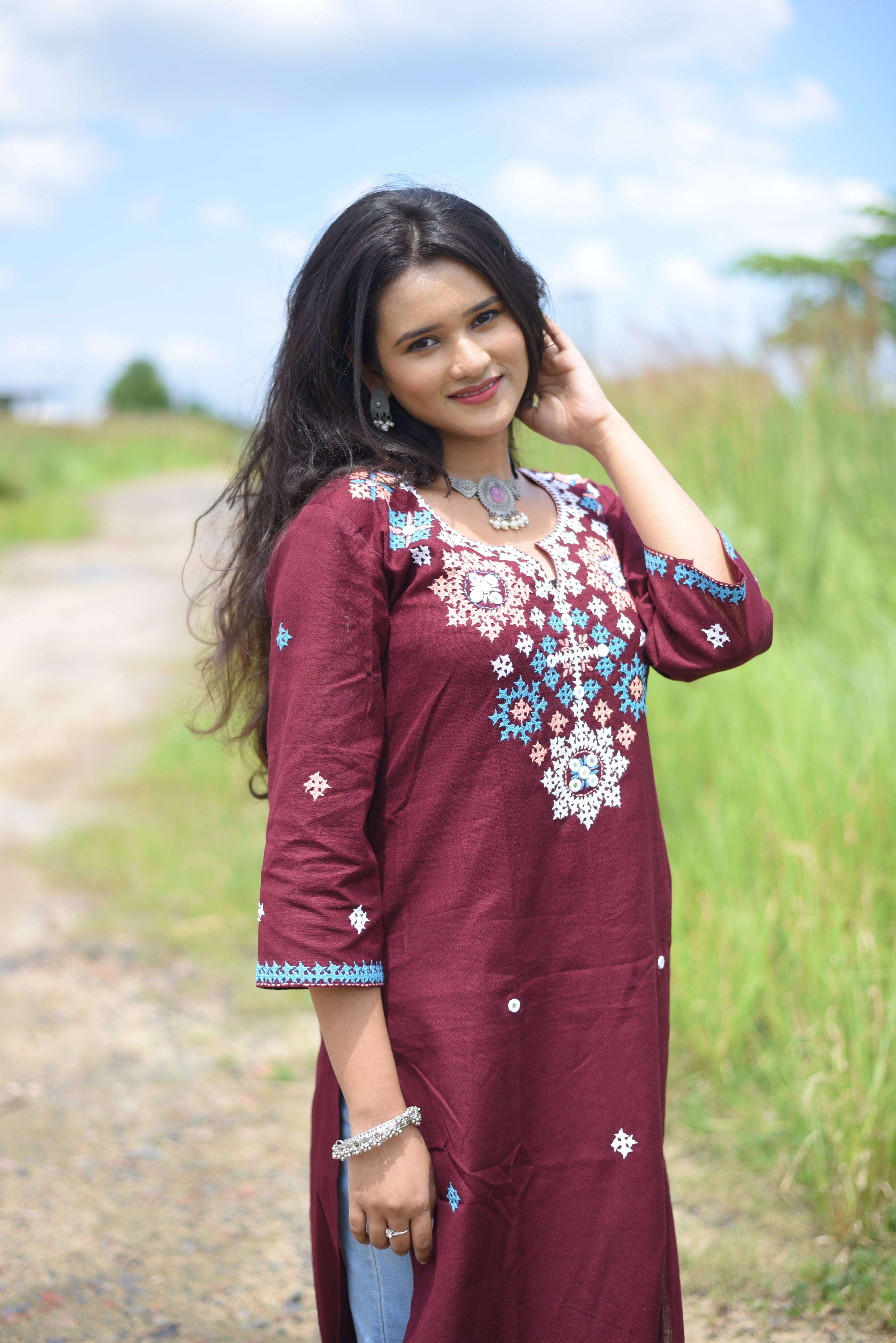 Chocolate Color Kutch Hand Embroidered Mirror Work Kurta